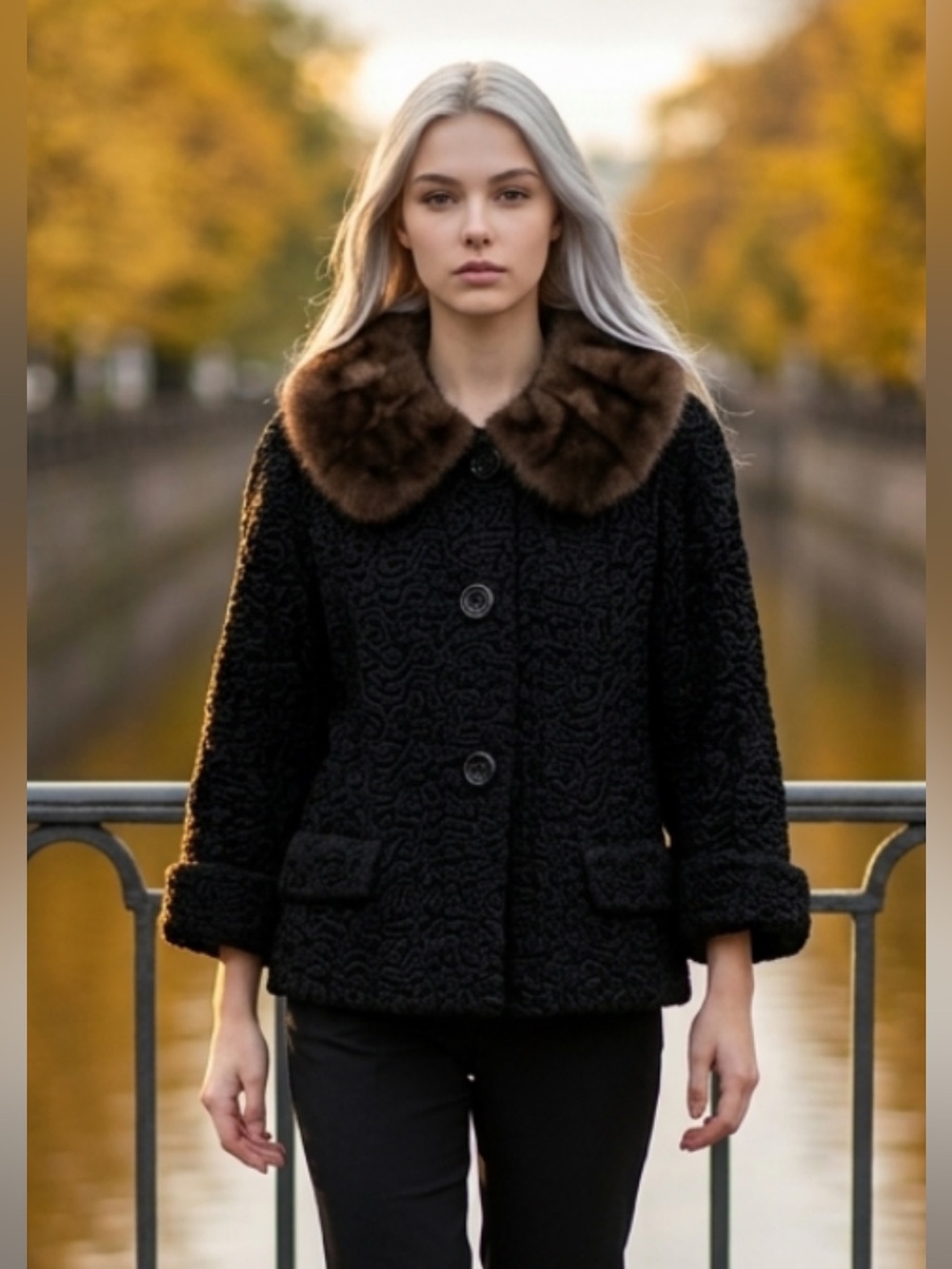 Vintage Persian Curly Lamb Fur Coat Jacket Brown Mink Collar Bell Sleeves M New